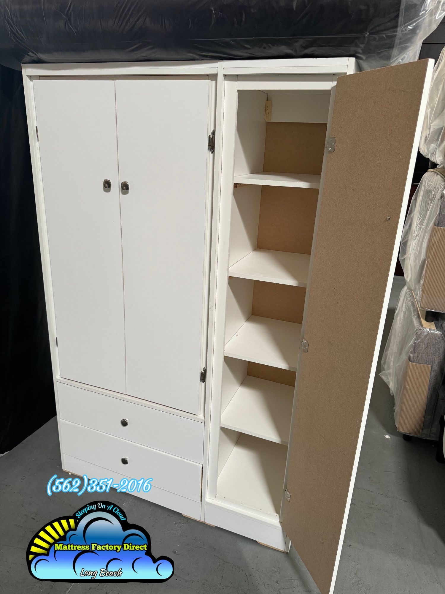 White Tall Two Drawer Closet With Shelves
