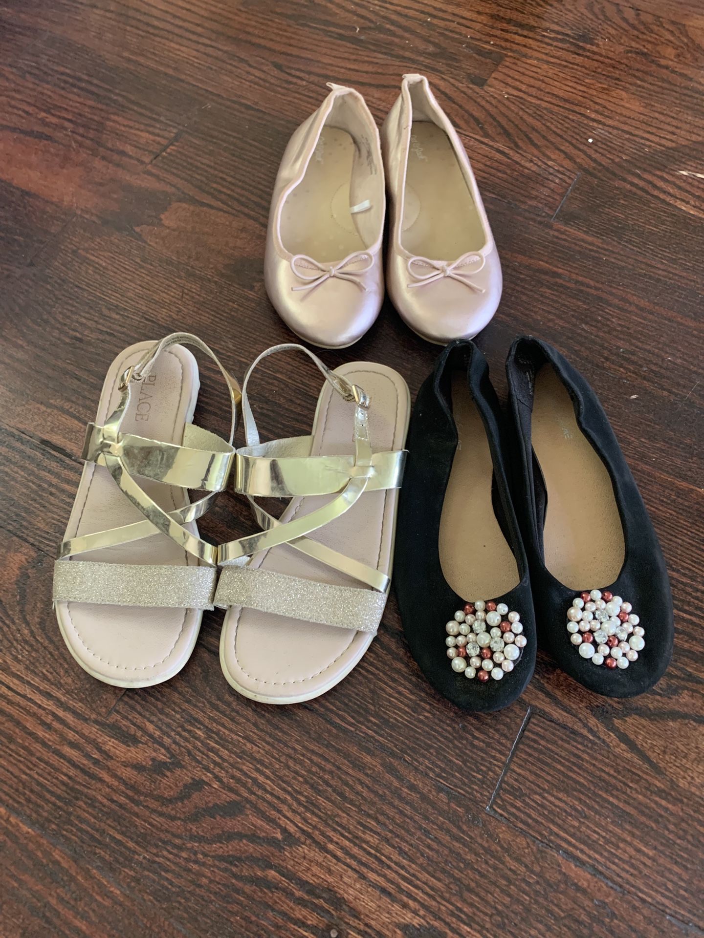 Pairs of 3 Gold Sandals and Black Flats with Pink Ballet Flats Size 2