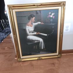 Canvas Painting Black Woman Planing Piano Artist Enhanced Lithograph By Park