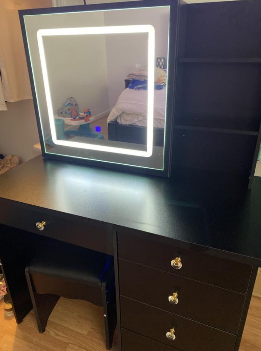 5-Drawers Black Wood LED Push-Pull Mirror Makeup Vanity Sets Dressing Table Sets with Stool and 3-Tier Storage Shelves