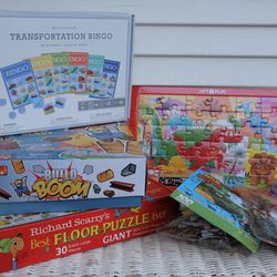 Boys Board Game & Puzzle Collection - Bingo, "Board or Boom", Richard Scarry's Busytown Puzzle, Wild Kratz, Monster Jam, Dinosaurs
