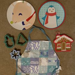 Christmas Cookie Lot: Children’s Reversible Apron, Large Cutters, Plates, & Potholder