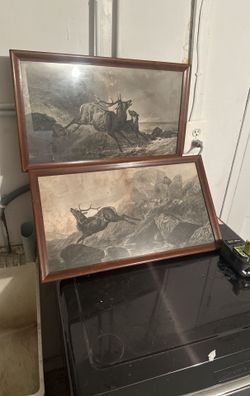 Antique Print Pair Of Deer (Elk?) Hunting Theme