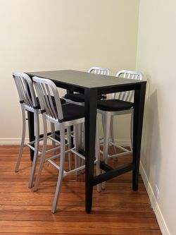 Crate & Barrel High Bar Kitchen Table 4 Delta Aluminum Chairs Glass Top /Ikea