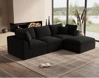 110" Cloud Sectional Couches for Living Room, Boneless L-Shape Couch with Ottoman, 3 Seater Modular Sectional Sofa, Black