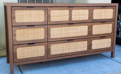 Beautiful Walnut 9 Drawer Rattan Dresser