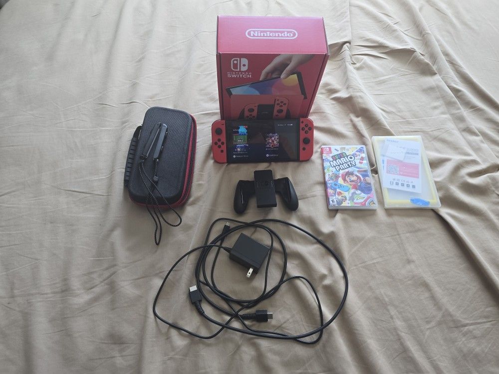 Nintendo Switch OLED mario red edition (CIB, slightly used, comes with SD Card, Screen Protectors, Case, Super Mario Party)