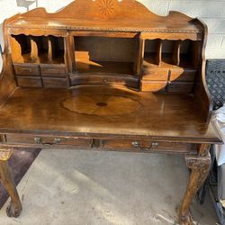Vintage Wooden Secretary Desk With Carved Legs And Inlay