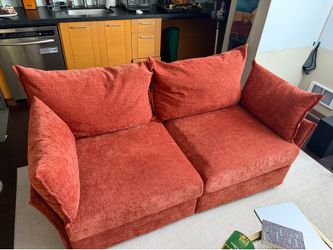 Oversized Loveseat Sofa, Modern Modular Sectional Couch Terracotta Orange Fluffy Chenille Mid Centur