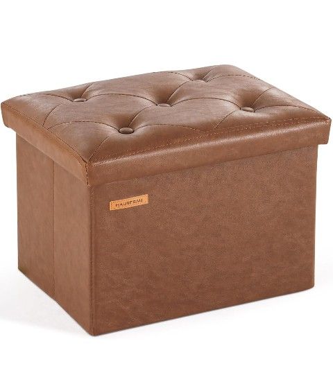 Storage Ottoman Foot Rest Stool, Small Folding Ottoman with Storage, Tufted Square Cube Footrest, Faux Leather Retro Brown