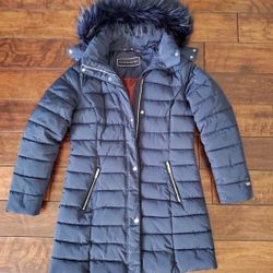 Tommy HILFIGER Winter Snow Coat Jacket Fur Navy Blue Hooded Warm