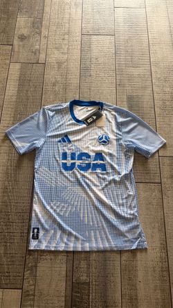 adidas USA Short Sleeve Soccer Jersey Blue and White Men’s Regular Size M