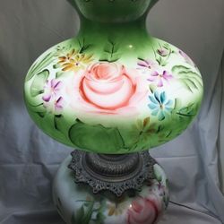 Antique, parlor hurricane lamp, hand painted