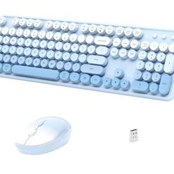 New Wireless Keyboard and Mouse, Full-Size Retro Typewriter Keyboard with Round Keycaps, 2.4GHz for Windows, Mac, Laptop, PC, Desktop (Blue Gradient)