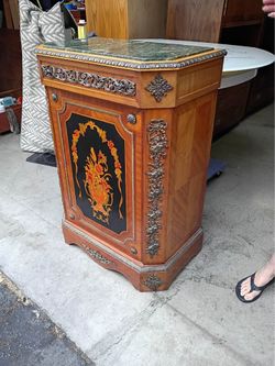 Antique French Empire Marble-Top Marquetry Cabinet with Bronze Mounts-#1184