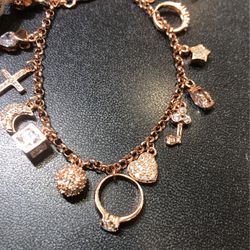 925 Sterling Silver Beautiful Rose Tone 14  Hanging Charms Bracelet 