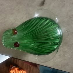 Vintage Murano Art Glass Frog Paperweight Green Ribbon Swirl Millefiori Eyes