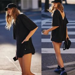 New Free People Movement Hot Shot Tee Romper Black Oversized T-Shirt backless
