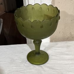 Vtg Small Fruit Bowl Avocado Green Depression And Frosted  Glass 