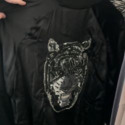 Saint Laurent Tiger Head Sequin Embroidered Teddy Jacket Black Satin Viscose