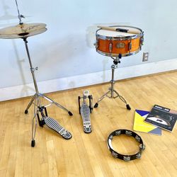 Pearl Export lacquer 14” snare  4.5” & stand PDP bass drum pedal & hihat cymbal stand Zildjian ZBT Cymbals new sticks $235 cash in Ontario 91762. 