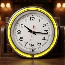 Neon Wall Clock- 14 Round, Double Light Ring, Dual Power, Analog Quartz Timepiece- Retro Décor for Bar, Garage & Game Room by Lavish Home (Yellow)