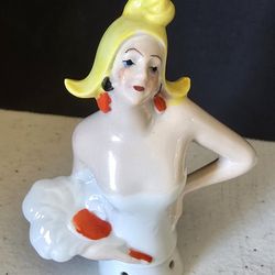 VTG 4" half doll / pincushion doll,  blonde hair sleeveless dress w flowers