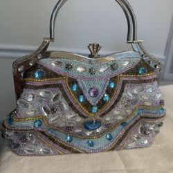 Gorgeous Pastel Beaded Bag With Rhinestones Silver Accents 