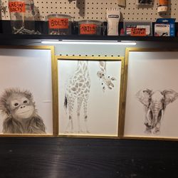Set of 3 Framed Animal Prints – Nursery/Playroom Wall Art