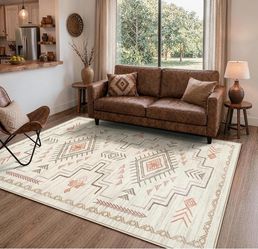 Moroccan Washable Area Rug 5x7, Beige Western and Aztec Tribal Boys Neutral Rug for Living Room, Soft Non-Slip Stain Resistant Large Carpet for Bedroo