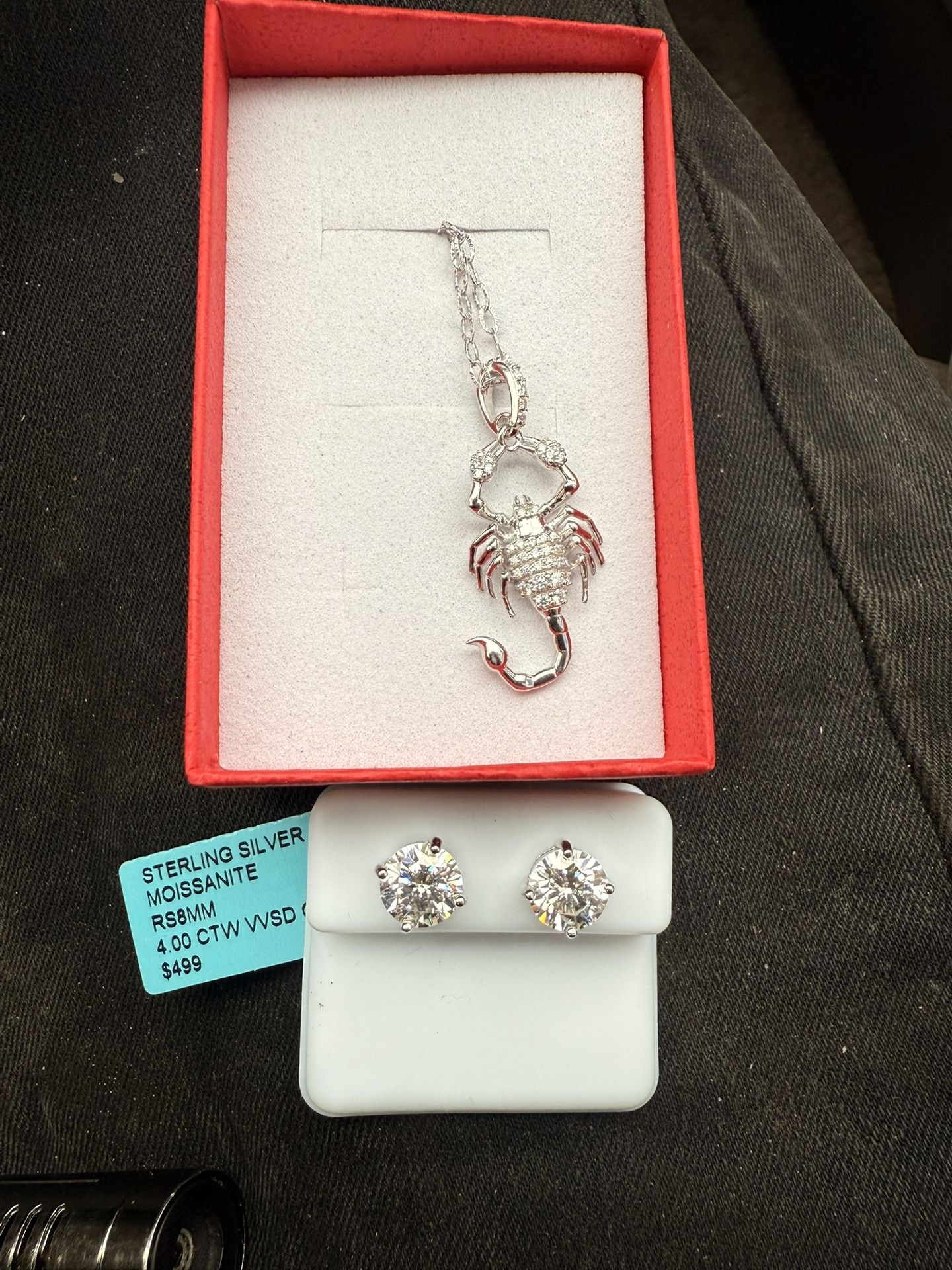 VVS1 Diamond Scorpio Pendant and 8MM Studs Set in Solid 925 Sterling Silver