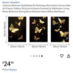 $10-ChaudArt 3 pieces Abstract Gold Butterfly Paintings Mimimalist Canvas Wall Art Flower Pattern Pictures Artwork Framed for Bathroom Living Room 