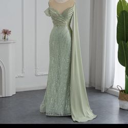 Sage Green Beaded Evening Gown