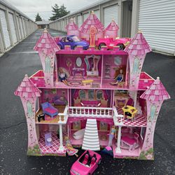 Life Size Pink Dollhouse Mansion With Furniture And Barbies And Barbie Cars