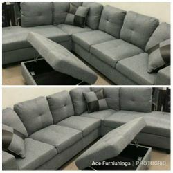 Brand New Grey Denim Linen Sectional With Storage Ottoman 