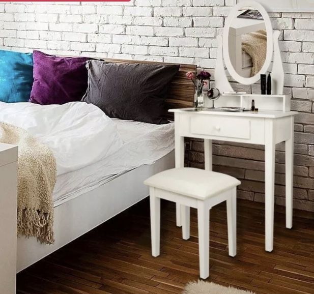 3 Drawer Vanity Table Set Dressing Table with Cushioned Stool Makeup Table White FREE SHIPPING