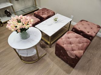 Nesting Coffee Table & Velvet Ottomans