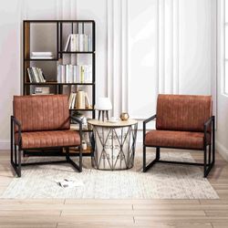 Set Of 2 Brown Modern Fashion PU Leather Armchair with Metal Frame, Extra-Thick Padded Backrest and Seat Cushion [NEW] **Assembly Req** 