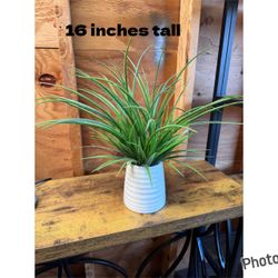 Faux Grass Plant in White Ribbed Pot