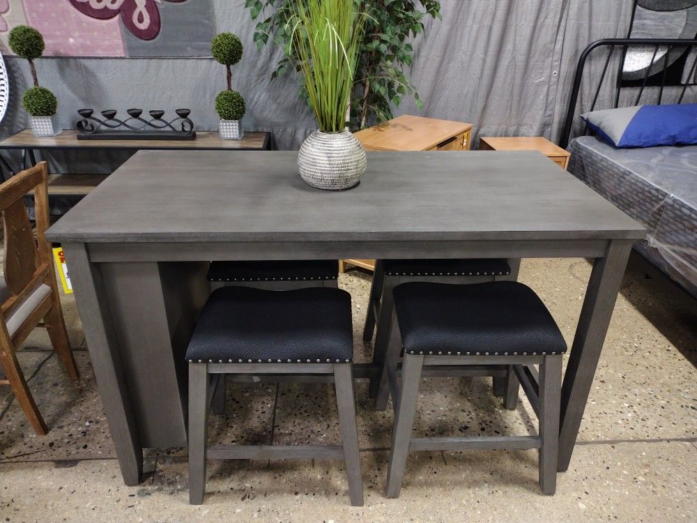 GRAY SPACE SAVER PUB TABLE & 4 STOOLS (New )S