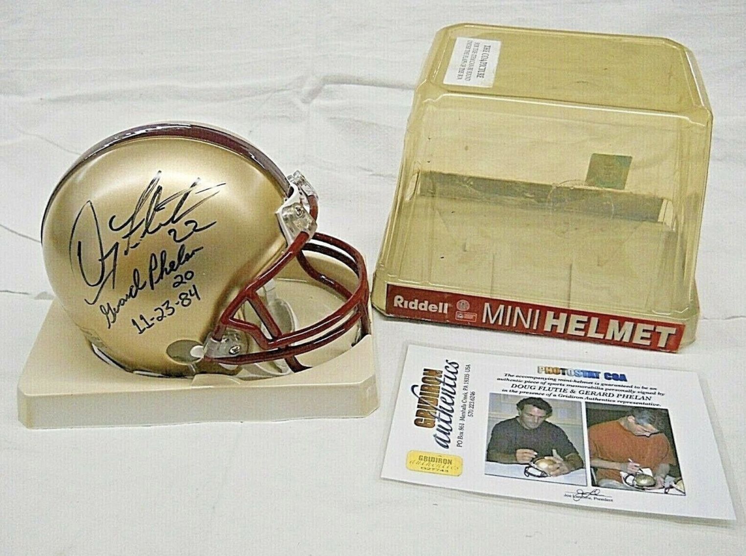 DOUG FLUTIE & GERARD PHELAN AUTOGRAPHED RIDDELL MINI HELMET BOSTON COLLEGE COA