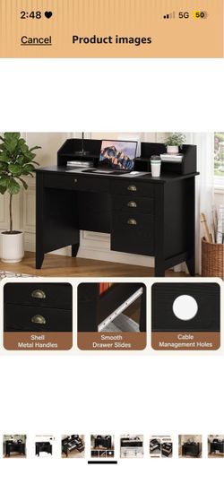 47 Inch Small Desk with Drawers, Computer Desk with File Drawer, Black 4 Storage Drawers, Wood Writing Desk with Monitor ...