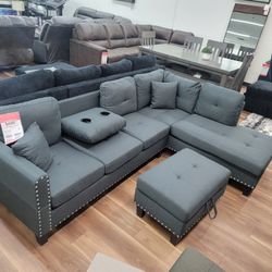 New 2pc Sectional Plus Storage Ottoman In Charcoal 