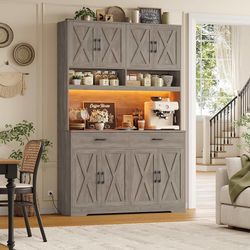 75" Tall Kitchen Pantry Storage Cabinet, 45" W Hutch Cabinet, Grey Farmhouse Pantry Cabinet with Charging Station / LED Lights / Countertop, Wood Kitc