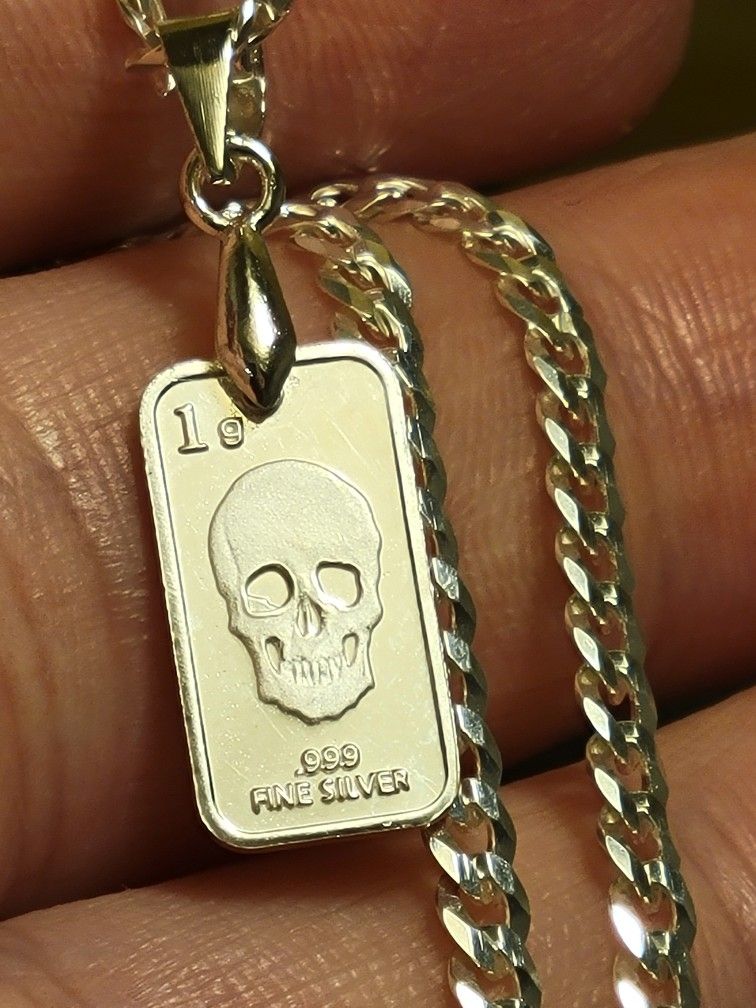 .999 Fine Silver Stamped Skull Pendant/Charm Only 925 Silver Bail