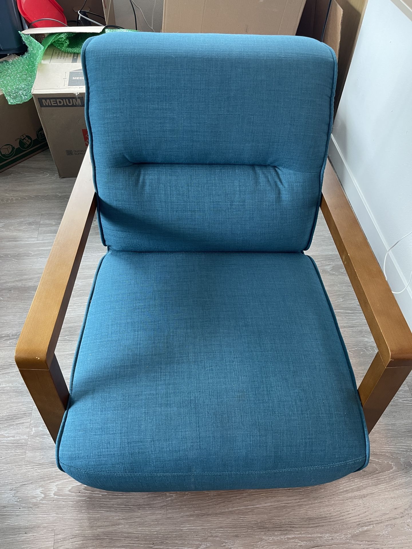 Teal Swivel Chair with Wood Armrests