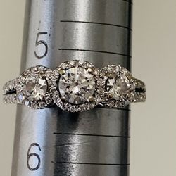 One Carat t.w. 3 Stones Round Halo Diamond Ring, 14K WG, Price is Firm, No offers Please!