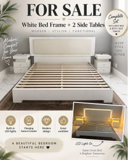 Modern White King Bed Frame + 2 Matching Nightstands with LED Lights