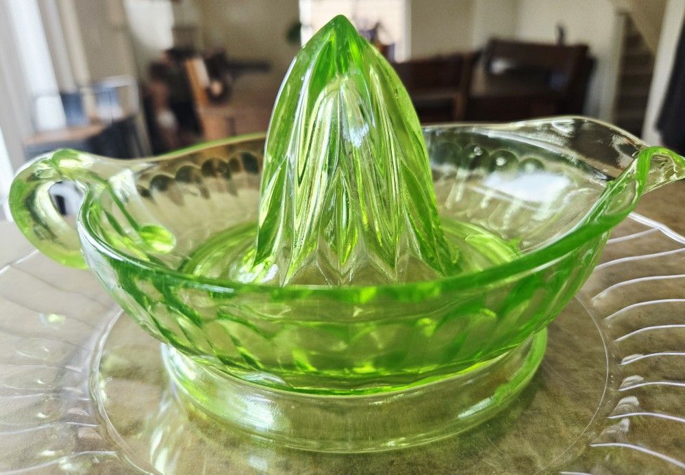 ~ antique green uranium glass juicer
