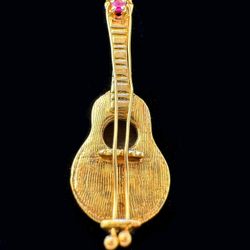 Vintage 14k solid yellow gold 0.05Ct Natural Ruby stone Guitar Pendant Charm